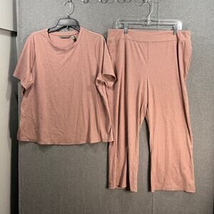 Anybody Ribbed Hacci Short Sleeve and Flare Pant Lounge Set Chai Large